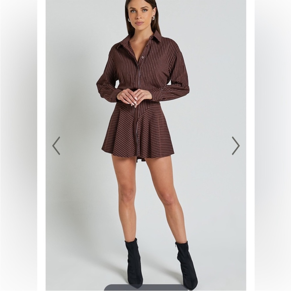 WHITNEY MINI DRESS - LINEN LOOK LONG SLEEVE SHIRT DRESS IN CHOCOLATE PINSTRIPE 2 - Picture 3 of 16
